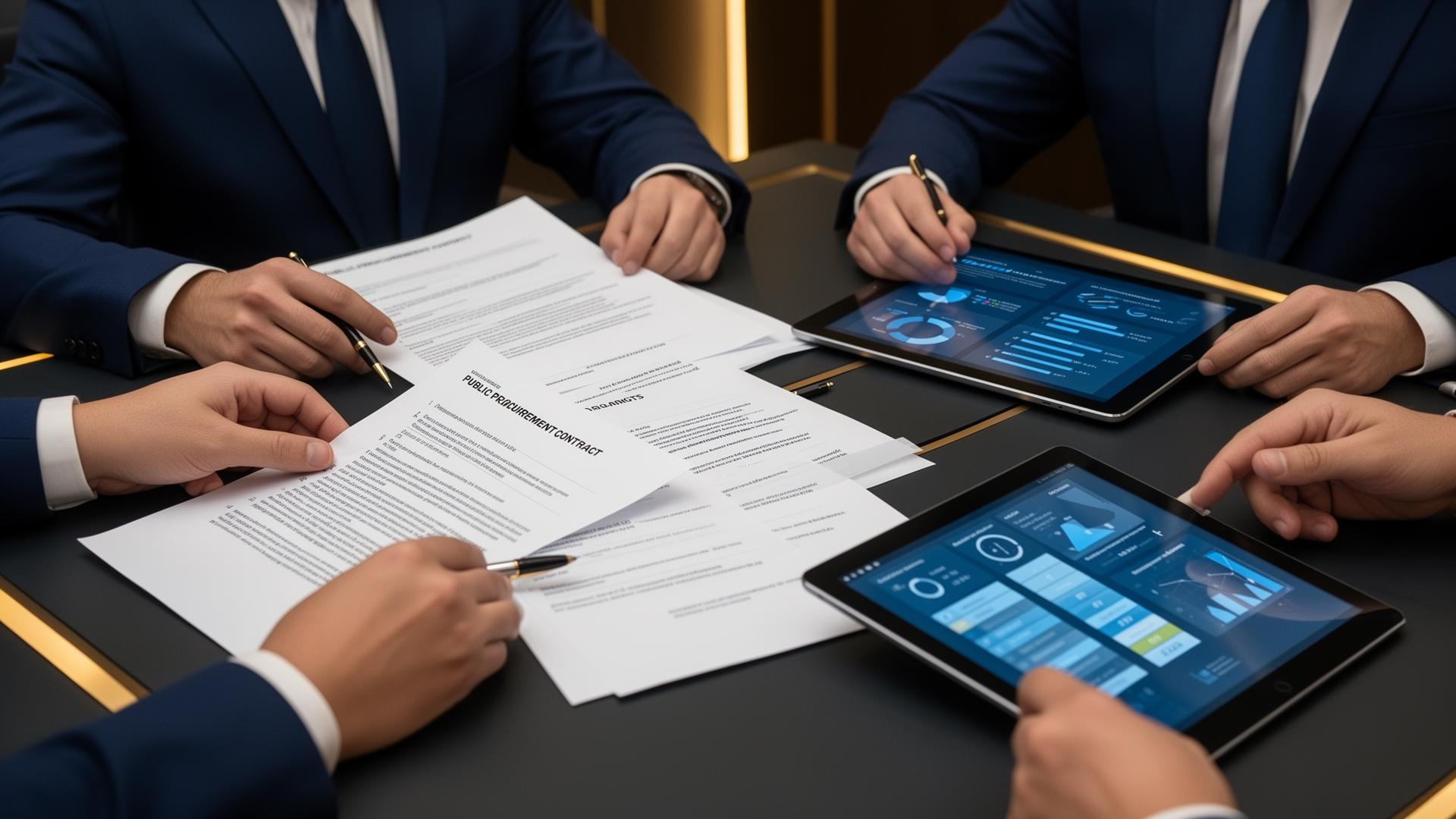 Executivos revisando documentos de licitação e indicadores de risco